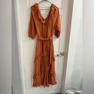 Free people Ruffled Orange midi Dress